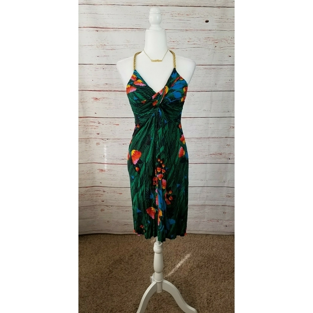 T-BAGS LA // tropical hawaiian print super soft gold rope halter mini dress